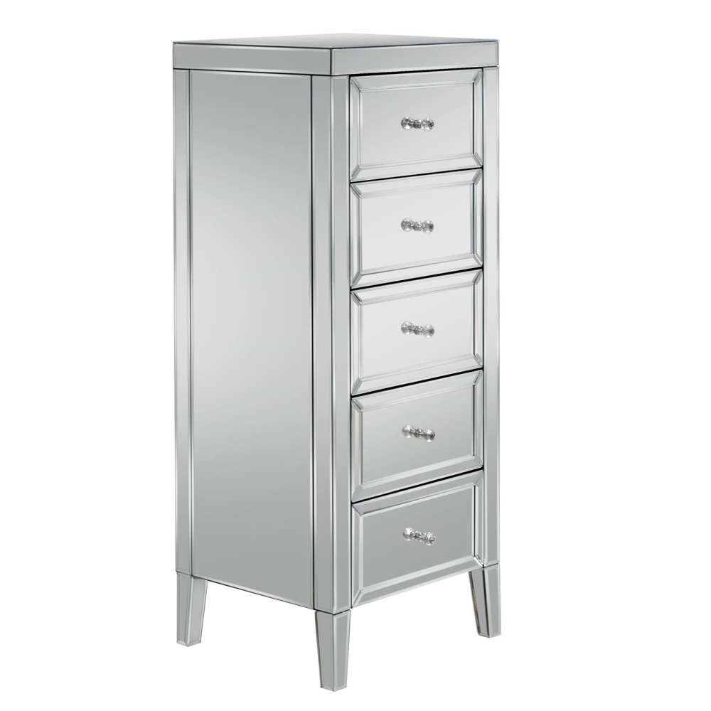 Valence Narrow Mirrored Chest Of 5 Drawers In Silver