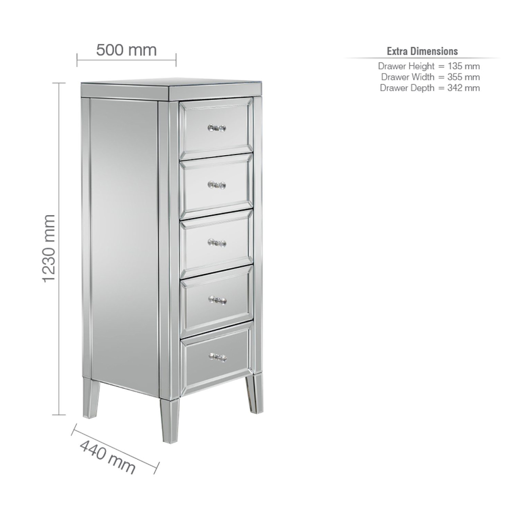 Valence Narrow Mirrored Chest Of 5 Drawers In Silver