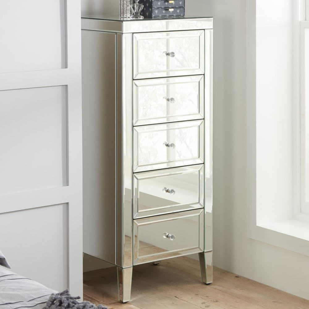 Valence Narrow Mirrored Chest Of 5 Drawers In Silver
