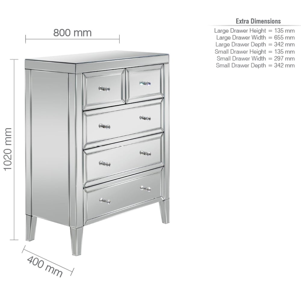 Valence Wide Mirrored Chest Of 5 Drawers In Silver
