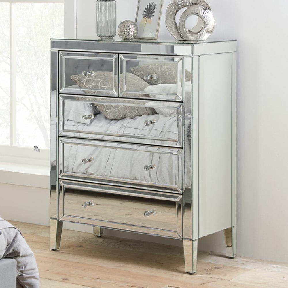 Valence Wide Mirrored Chest Of 5 Drawers In Silver