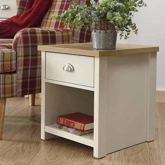 Photo of Loftus wooden lamp table in cream with 1 drawer and shelf