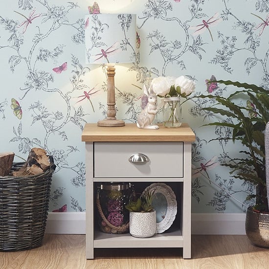 Photo of Loftus wooden lamp table in grey with 1 drawer and shelf