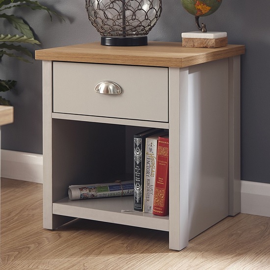 Valencia Wooden Lamp Table In Grey With 1 Drawer And Shelf Sale