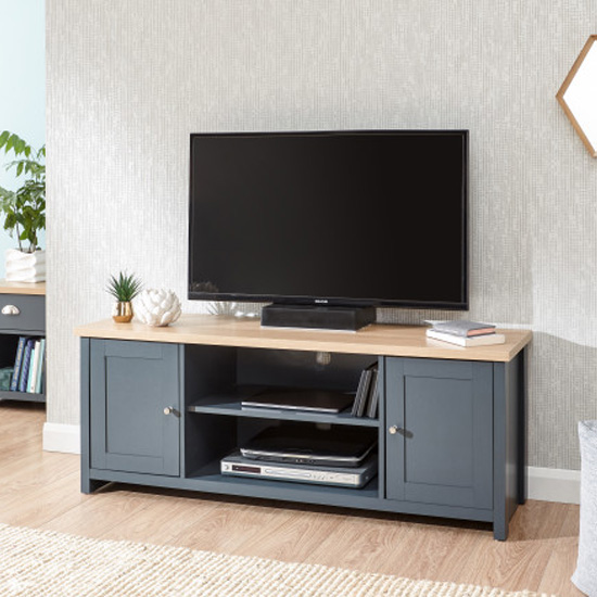 Loftus Large Wooden TV Stand In Slate Blue And Oak Furniture in Fashion