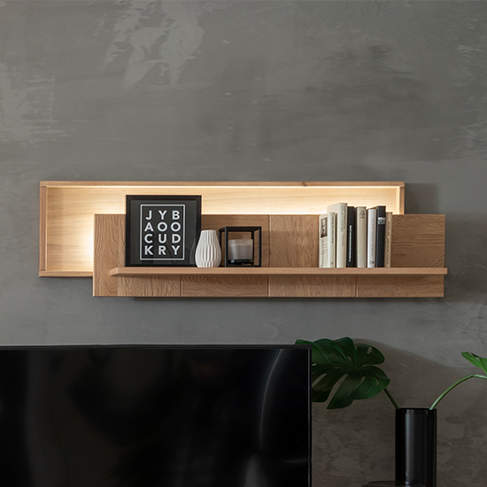 Valencia LED Wide Wooden Wall Shelf In Bianco Oak Furniture in Fashion