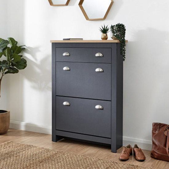 Read more about Loftus shoe storage cabinet in slate blue and oak