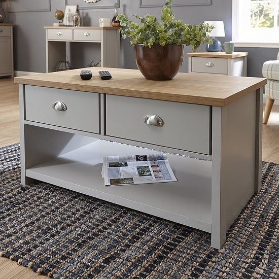 Photo of Loftus wooden coffee table rectangular in grey with 2 drawers