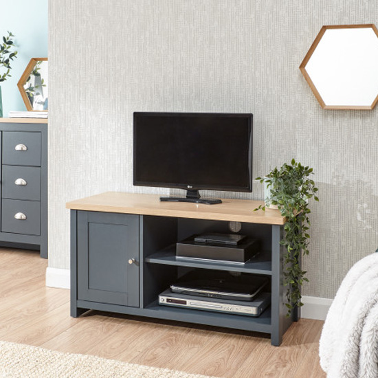 Photo of Loftus wooden 1 door small tv stand in slate blue and oak