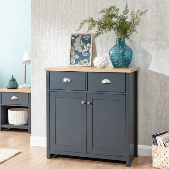 Read more about Loftus wooden 2 doors compact sideboard in slate blue and oak