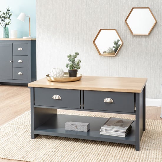Loftus Wooden 2 Drawers Coffee Table In Slate Blue And Oak
