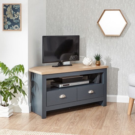 Loftus Wooden 2 Drawers Corner TV Stand In Slate Blue And Oak