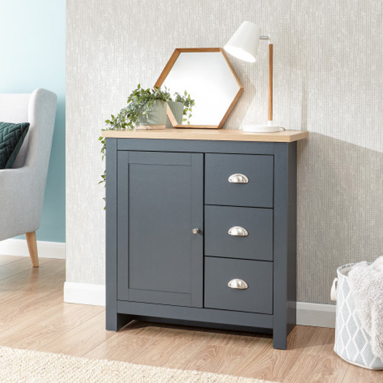 Loftus Wooden 3 Drawers Storage Unit In Slate Blue And Oak