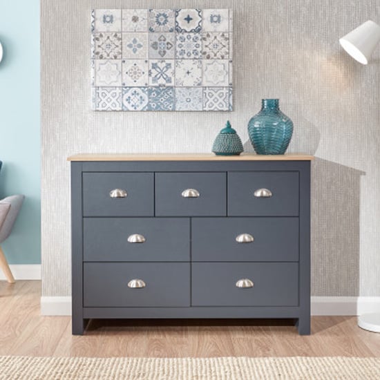 Photo of Loftus wooden chest of drawers wide in salte blue and oak