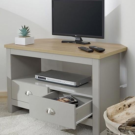 Loftus Wooden Corner TV Stand In Grey With 2 Drawers_3
