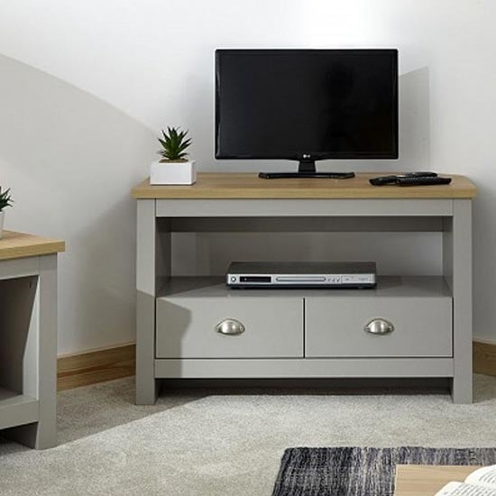 Product photograph of Loftus Wooden Corner Tv Stand In Grey With 2 Drawers from Furniture in Fashion