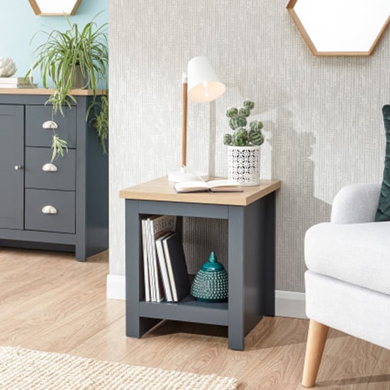 Read more about Loftus wooden side table with shelf in slate blue and oak