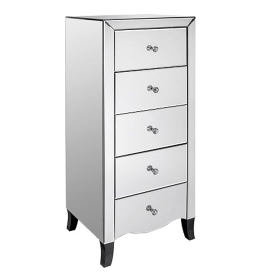 Product photograph of Valentia Mirrored Chest Of 5 Drawers In Silver from Furniture in Fashion