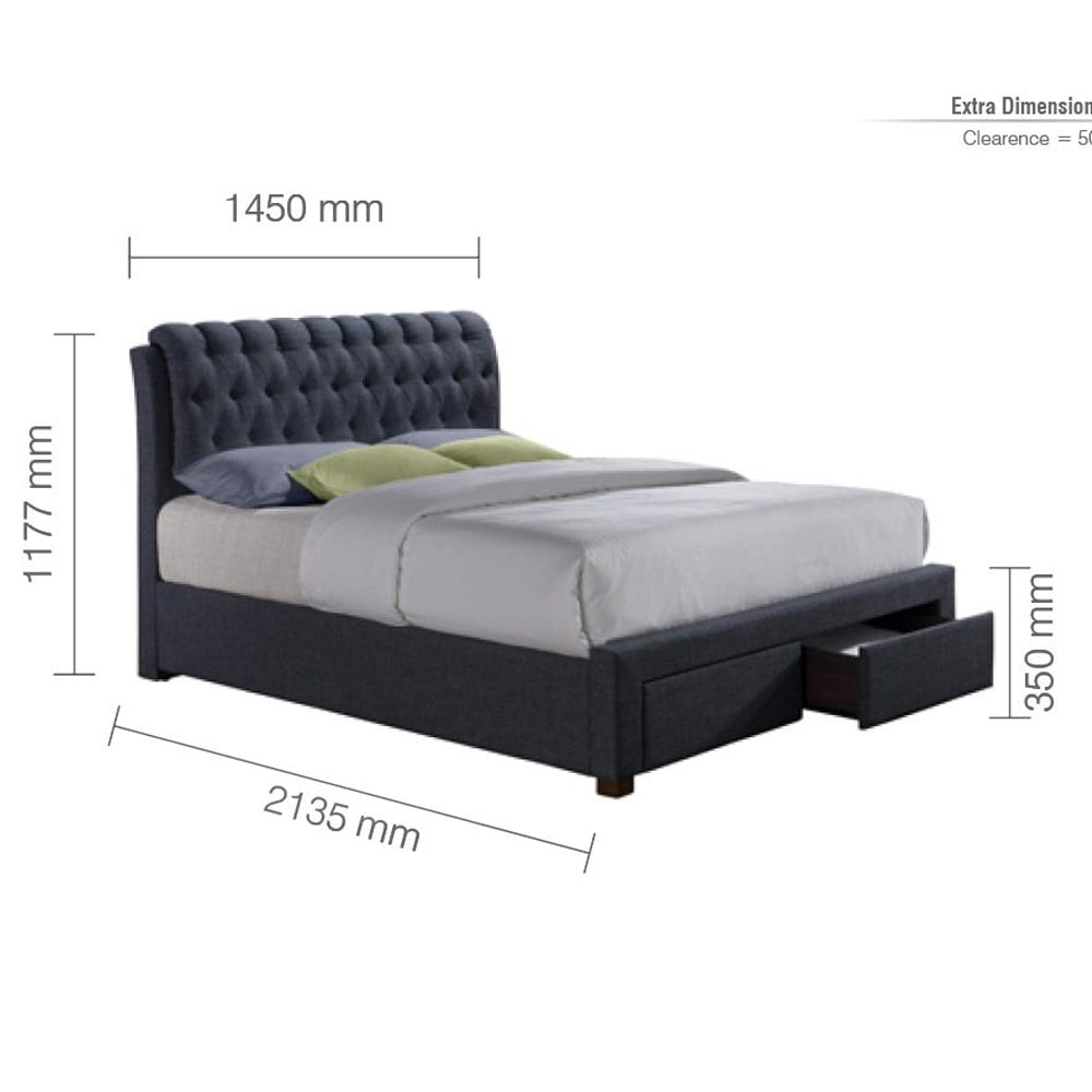 Valentina Fabric Double Bed With 2 Drawers In Charcoal