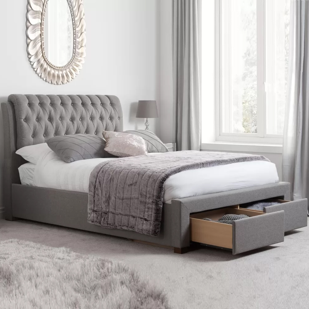 Valentina Fabric Double Bed With 2 Drawers In Grey