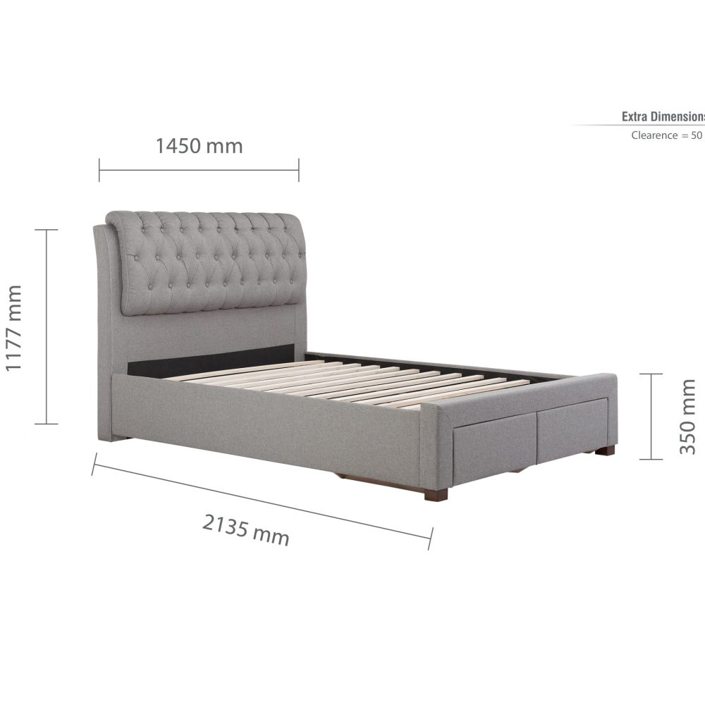 Valentina Fabric Double Bed With 2 Drawers In Grey