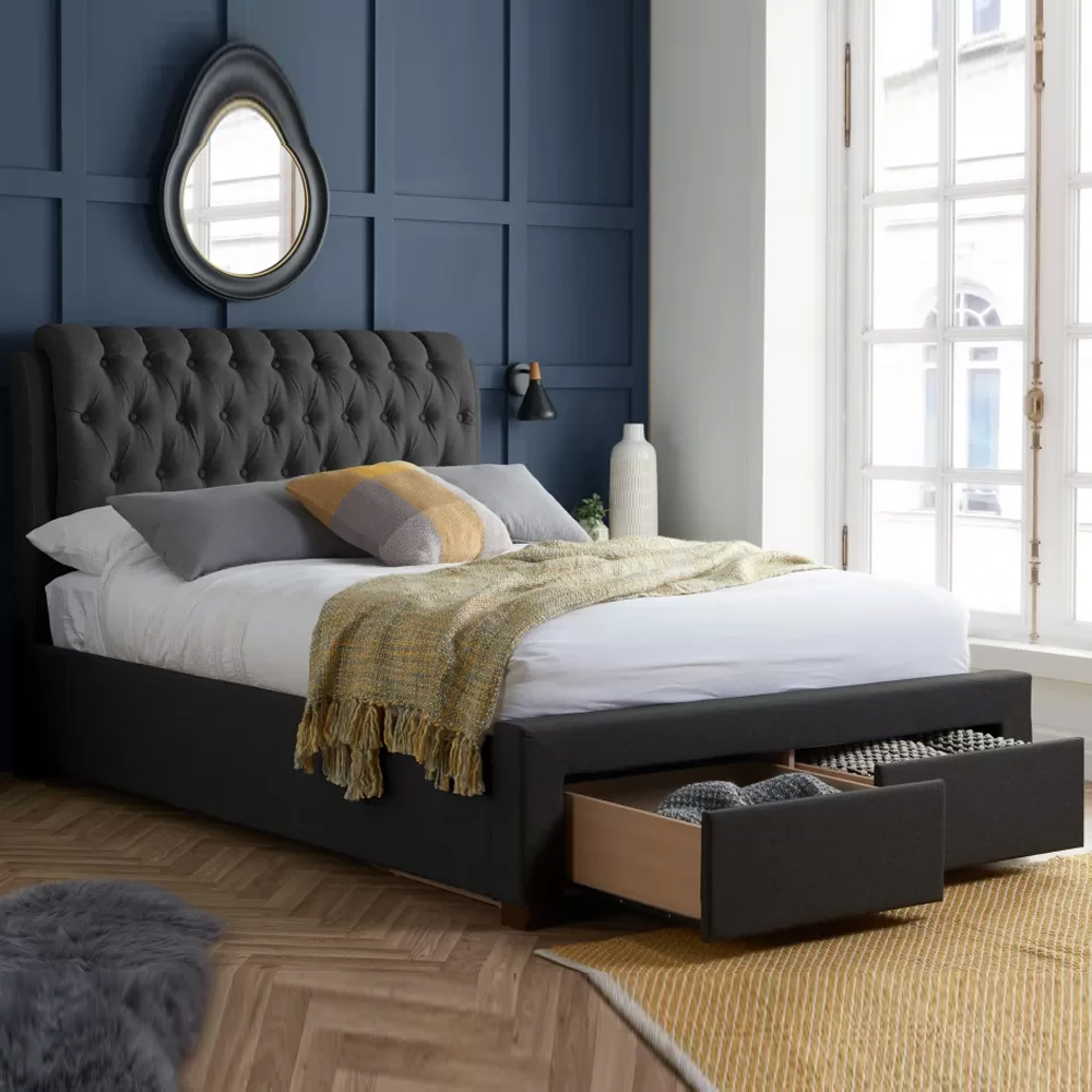 Valentina Fabric King Size Bed With 2 Drawers In Charcoal