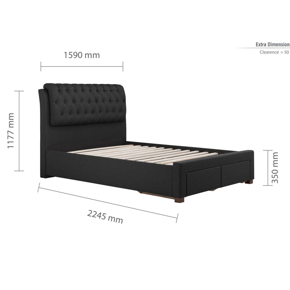 Valentina Fabric King Size Bed With 2 Drawers In Charcoal