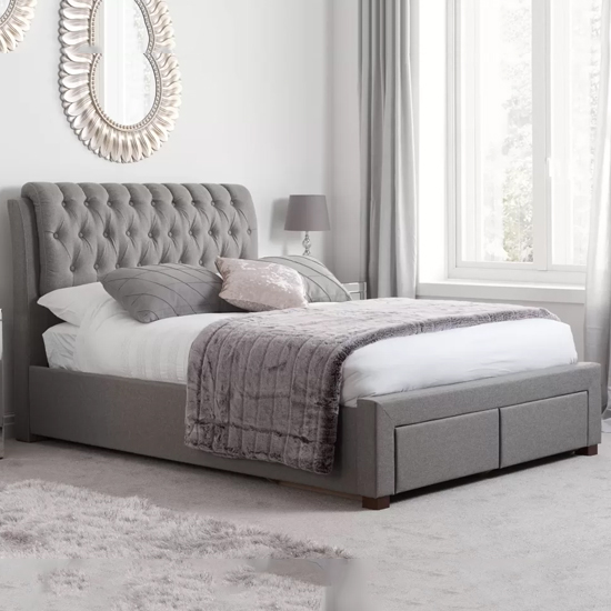 Valentina Fabric King Size Bed With 2 Drawers In Grey
