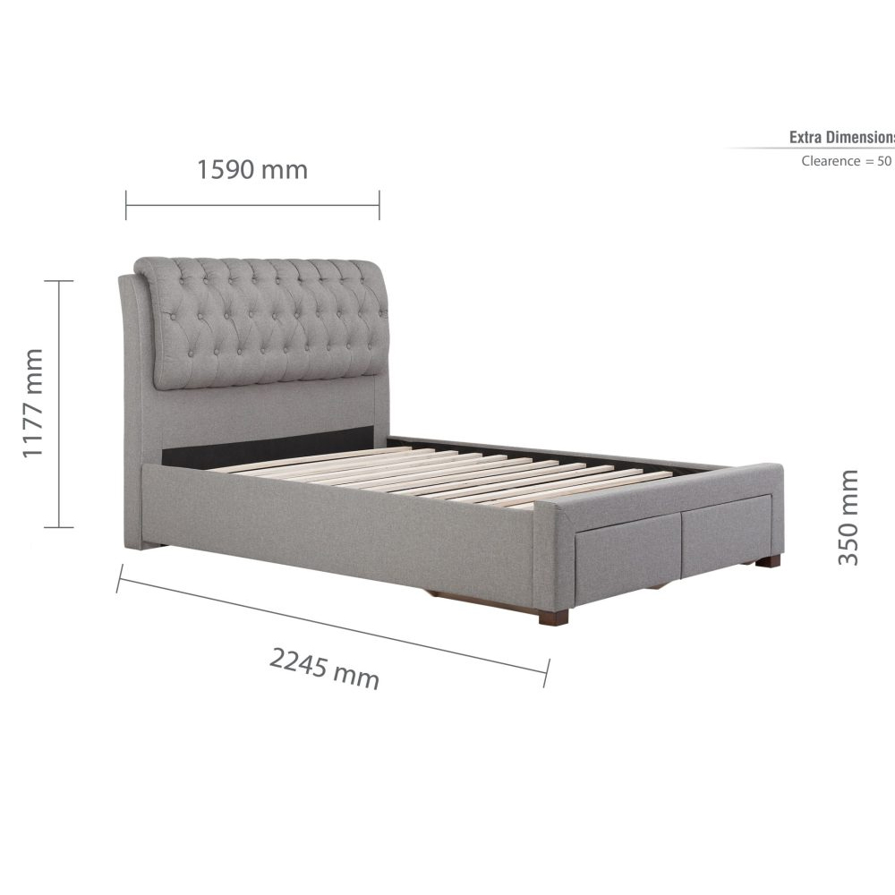 Valentina Fabric King Size Bed With 2 Drawers In Grey
