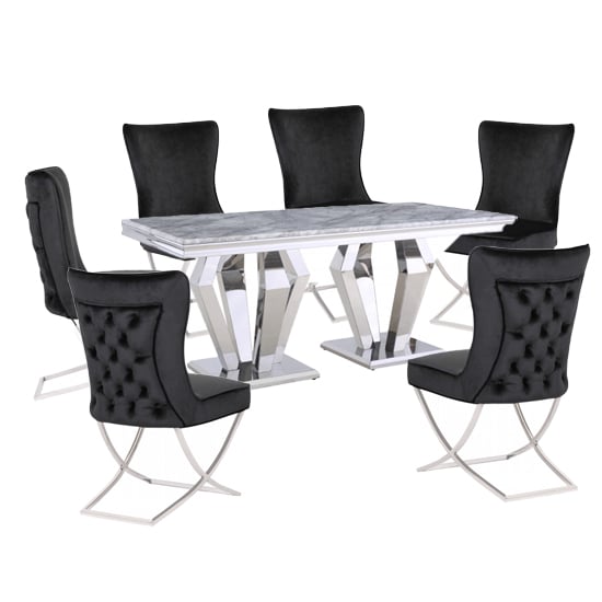 Valentino Grey Marble Dining Set With 6 Black Cavalli Chairs