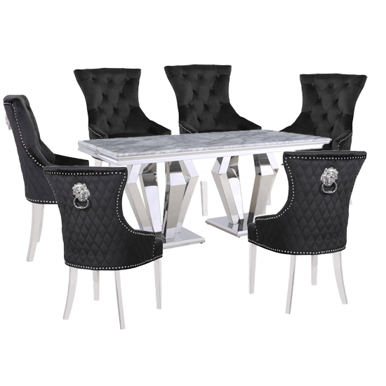 Valentino Grey Marble Dining Set With 6 Black Madison Chairs