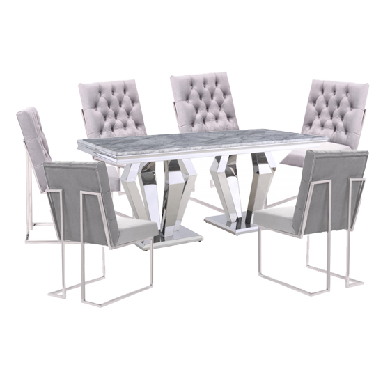 Valentino Grey Marble Dining Set With 6 Grey Dino Chairs