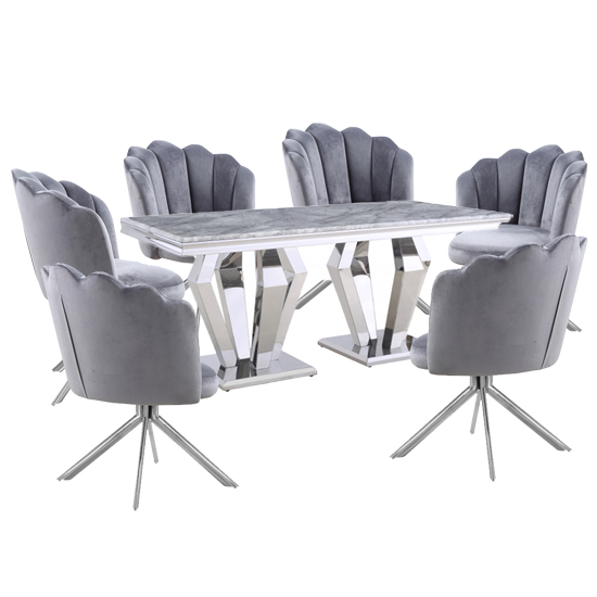 Valentino Grey Marble Dining Set With 6 Grey Mario Chairs