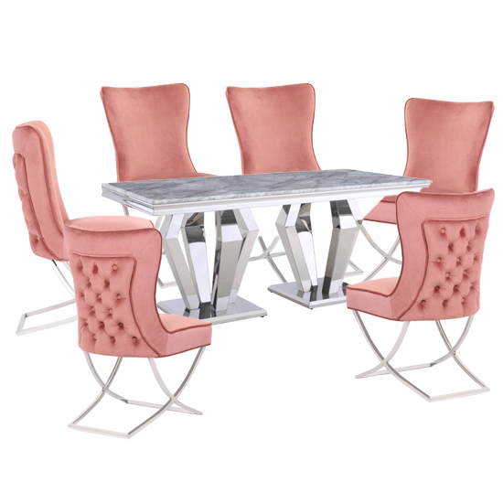 Valentino Grey Marble Dining Set With 6 Pink Cavalli Chairs