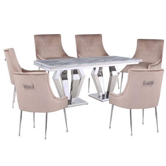 Valentino Grey Marble Dining Set With 6 Taupe Jersey Chairs