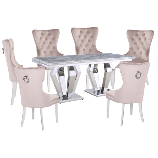 Valentino Grey Marble Dining Set With 6 Taupe Oxford Chairs | Furniture ...