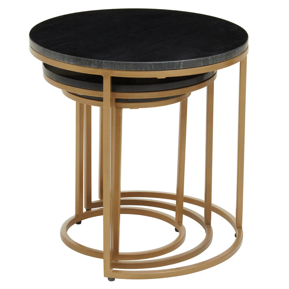 Valrico Black Marble Top Round Nest Of 3 Tables With Gold Frame