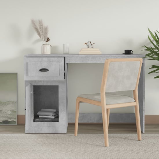 Vance Wooden Computer Desk With 1 Door 1 Drawer In Concrete Effect