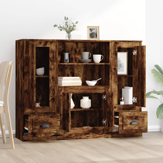 Vance Wooden Highboard With 4 Doors 2 Drawers In Smoked Oak