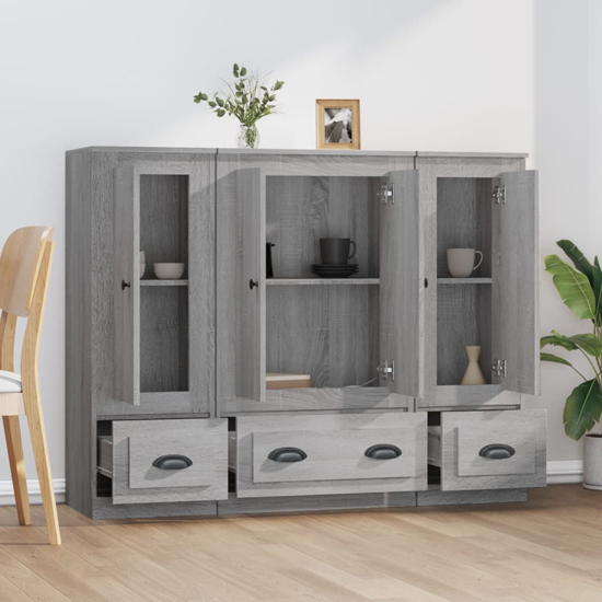 Vance Wooden Highboard With 4 Doors 3 Drawers In Grey Sonoma Oak