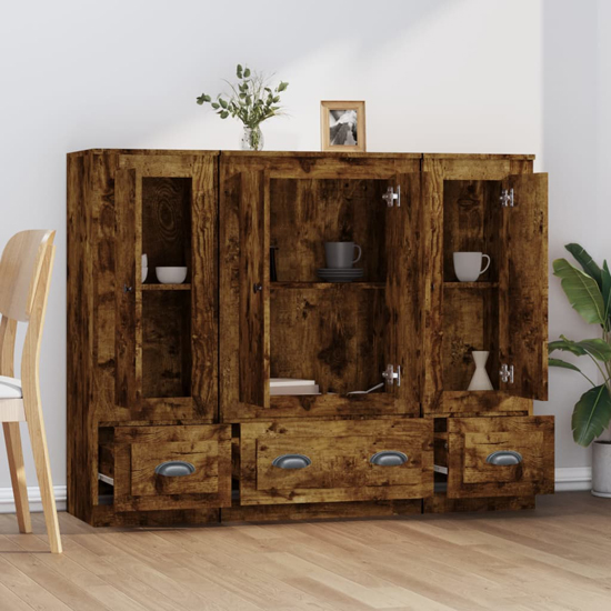 Vance Wooden Highboard With 4 Doors 3 Drawers In Smoked Oak