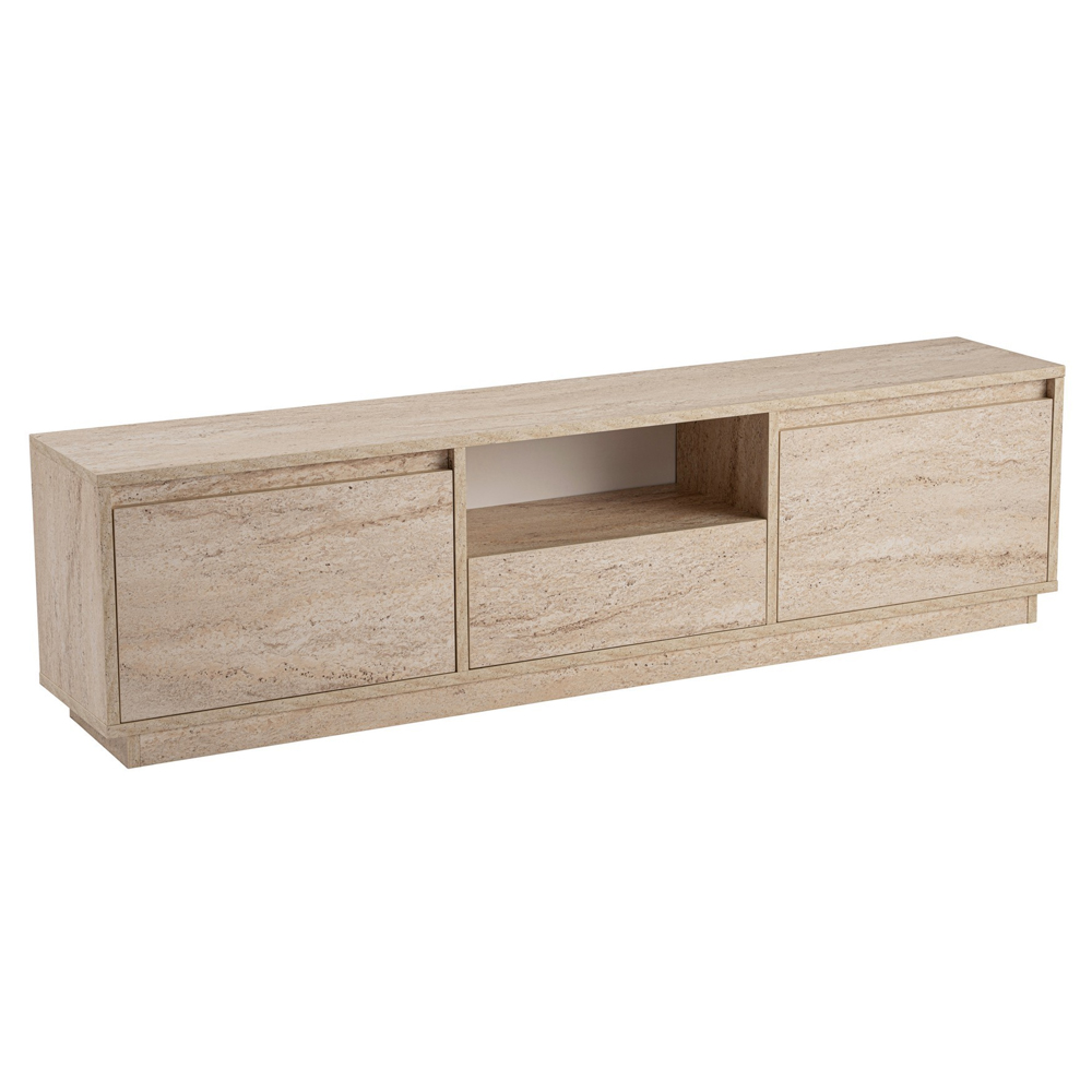 Vangio Wooden TV Stand with 3 Flap Doors in Travertine Marble Effect