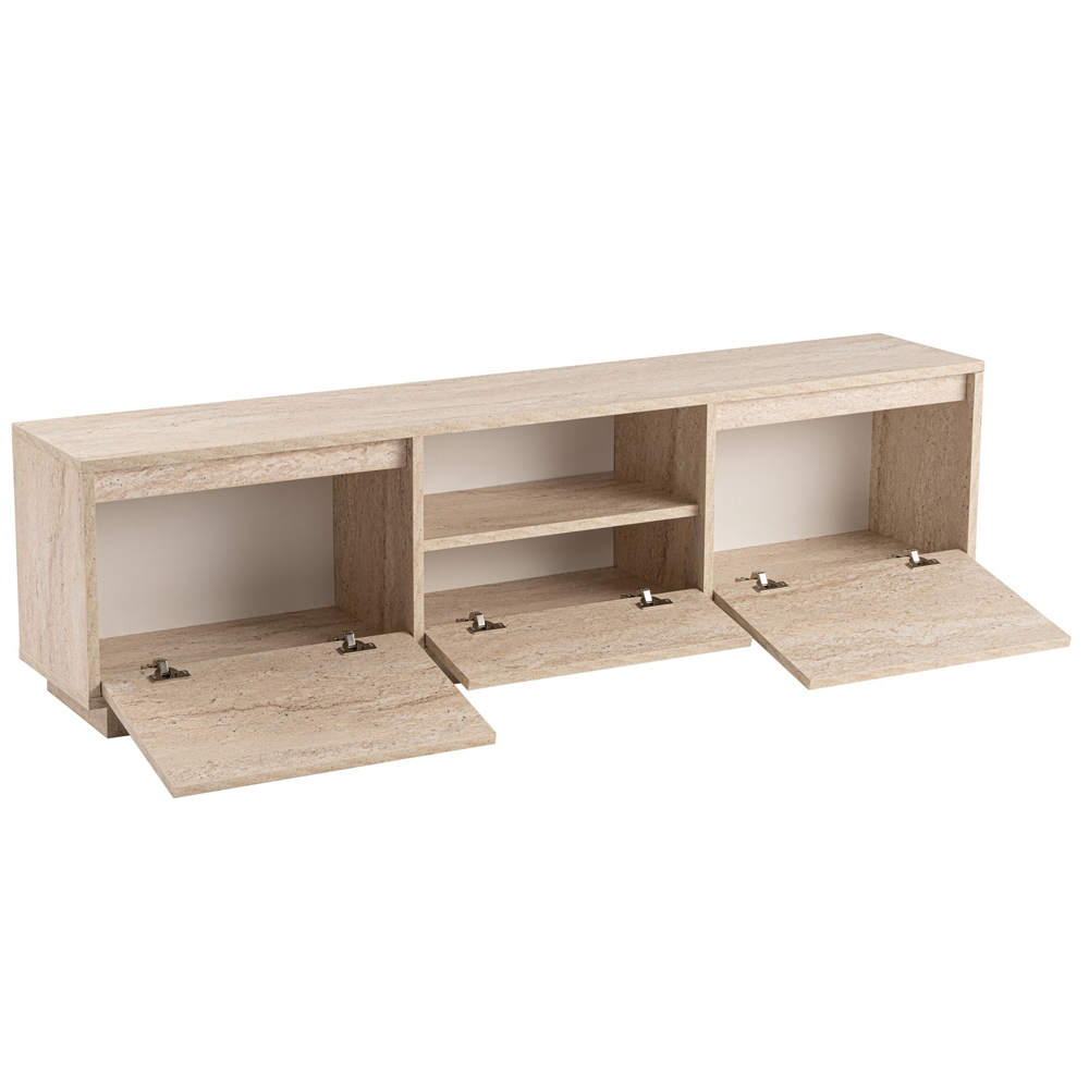 Vangio Wooden TV Stand with 3 Flap Doors in Travertine Marble Effect