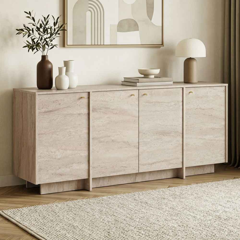 Varen Wooden Sideboard with 4 Doors in Travertine Marble Effect