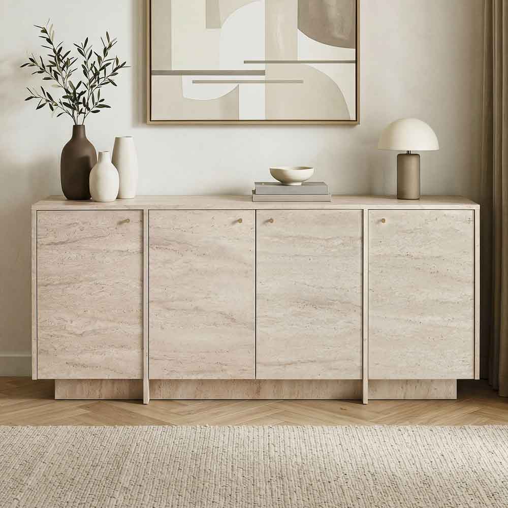 Varen Wooden Sideboard with 4 Doors in Travertine Marble Effect