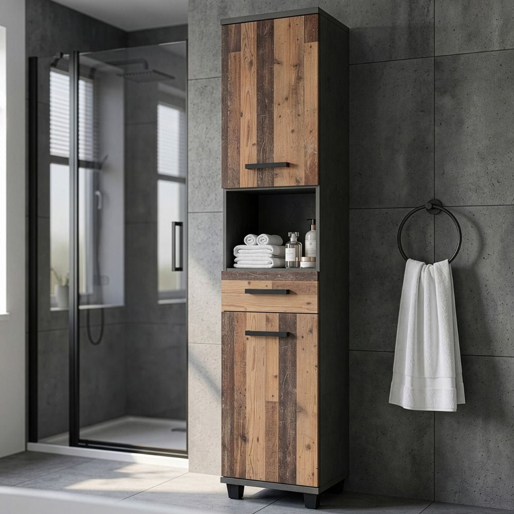 Vareon Wooden Bathroom Furniture Set in Walnut and Dark Grey