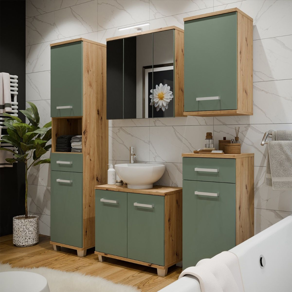 Vareon Wooden Bathroom Furniture Set in Artisan Oak and Sage Green