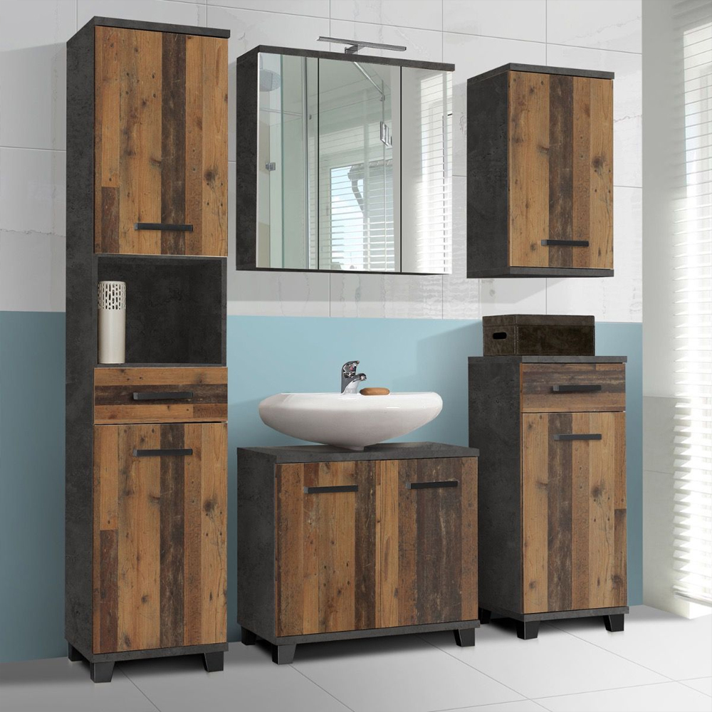 Vareon Wooden Bathroom Furniture Set in Walnut and Dark Grey