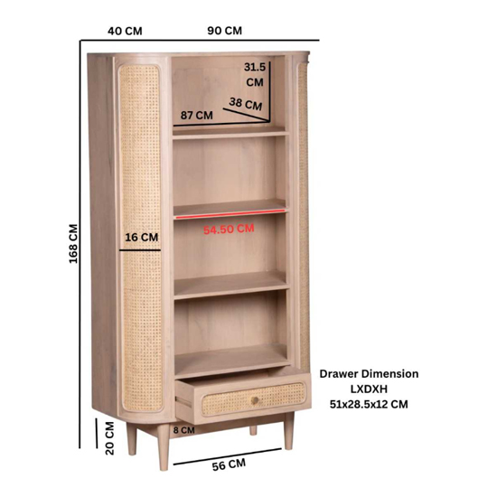 Varese Cane And Mango Wood Bookcase 3 Shelves 1 Drawer In Oak