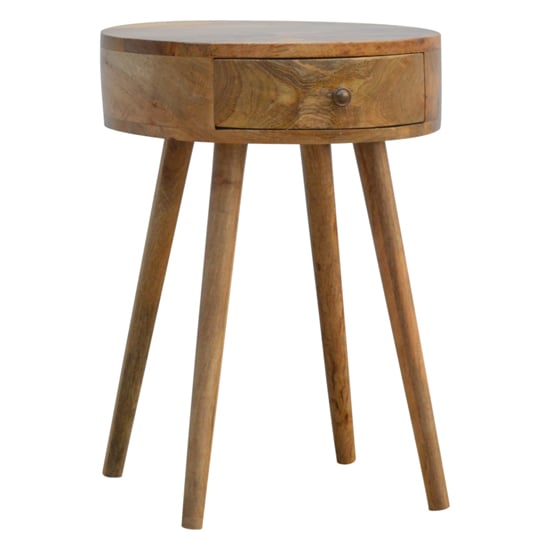 Read more about Wooden circular bedside cabinet in oak ish with 1 drawer